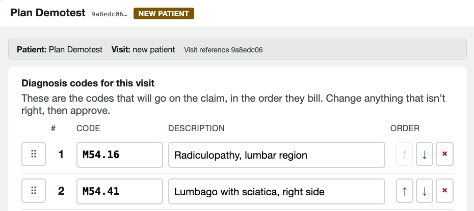 Diagnosis code review. Codes are listed in the order they will bill; drag a row to reorder, change or remove anything, then approve. The doctor's approval unlocks the reports.