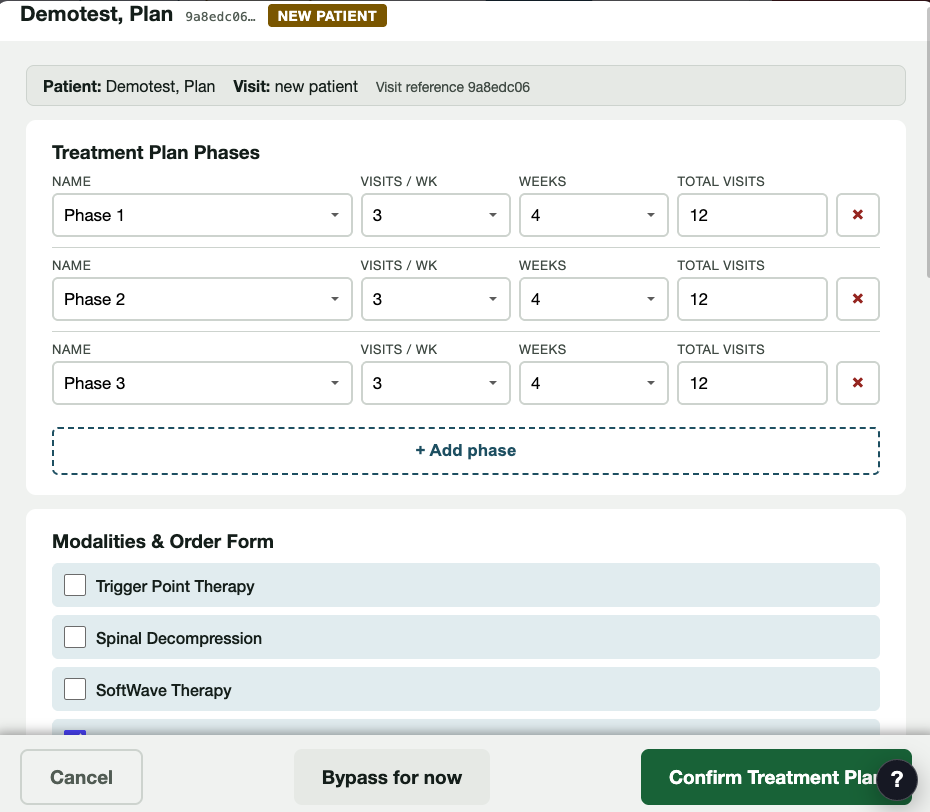 The top of the treatment plan: each phase with visits per week, weeks and total visits, and the start of the modalities and order form list.