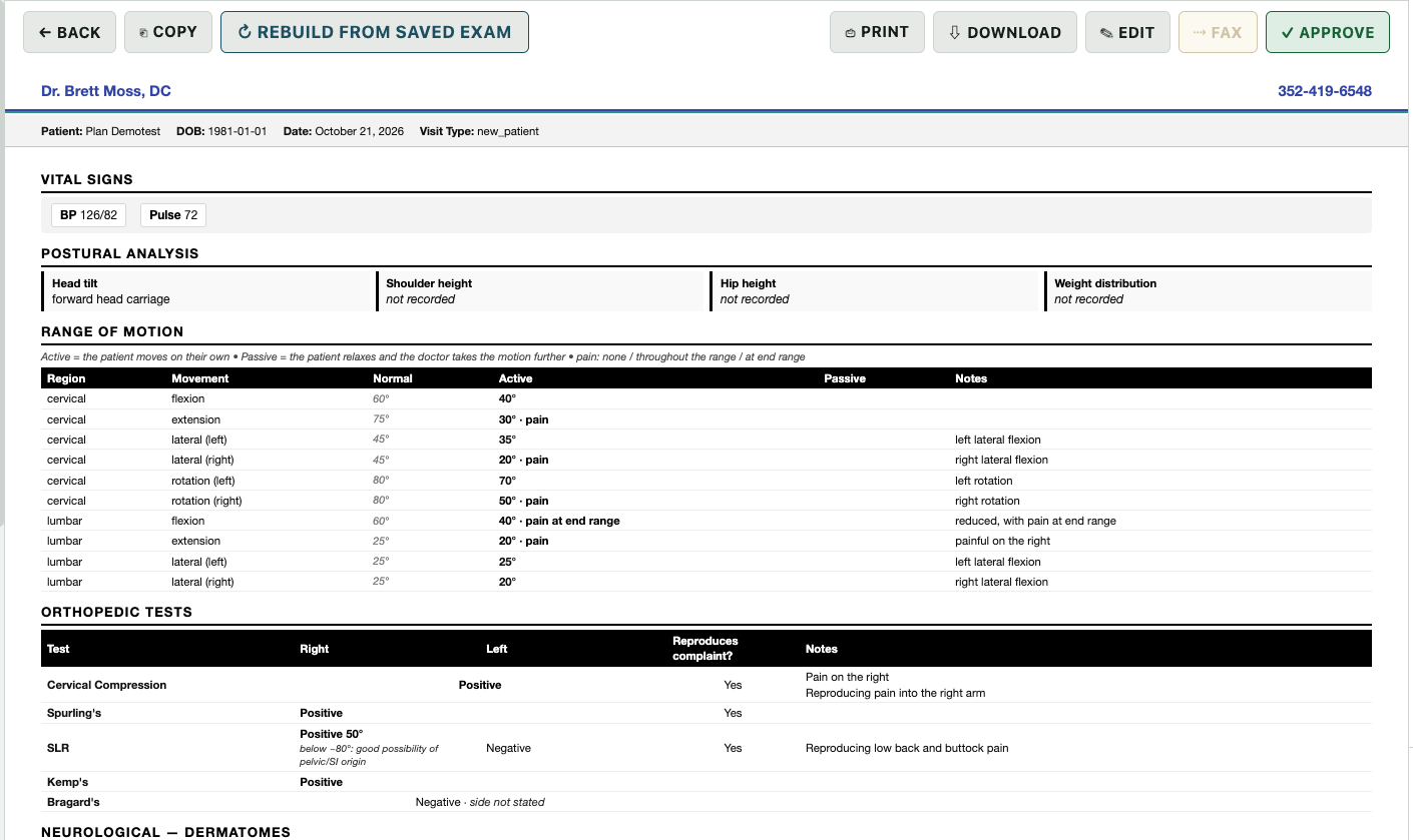 A finished Exam Report on the practice letterhead: vitals, posture, range of motion, orthopedic tests and dermatomes. The list on the left shows the report types in the system; the panel on the right shows the package at 7 of 7.